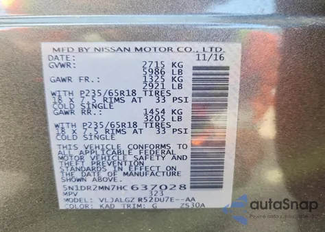 2017 Nissan Pathfinder Sl z USA, uszkodzony, nr VIN 5N1DR2MN7HC637028
